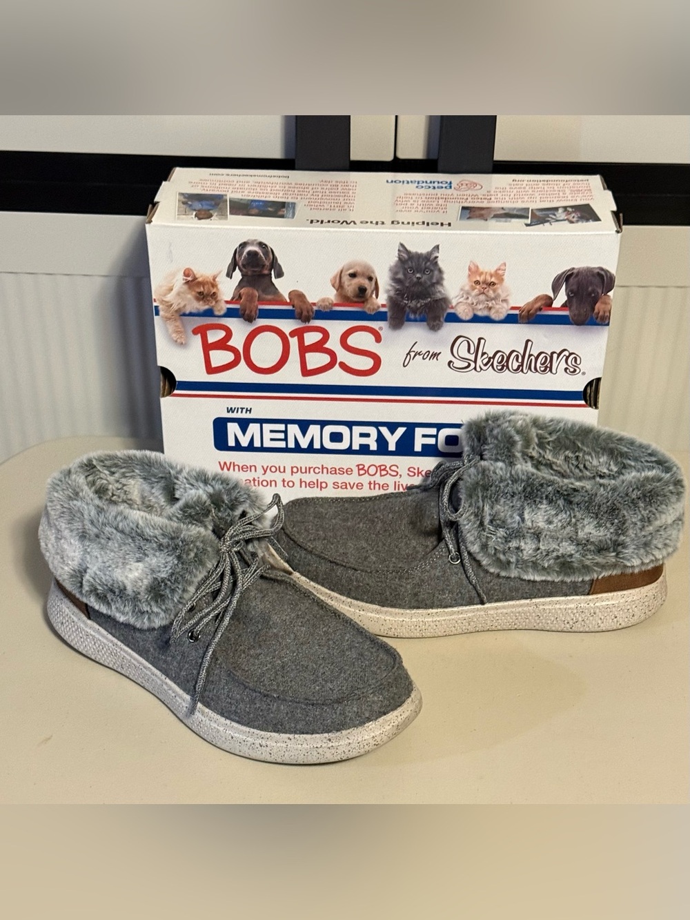 Bobs from Skechers “Cotton Tail” Gray  Faux-Fur Lined Memory Foam Lace-Up
